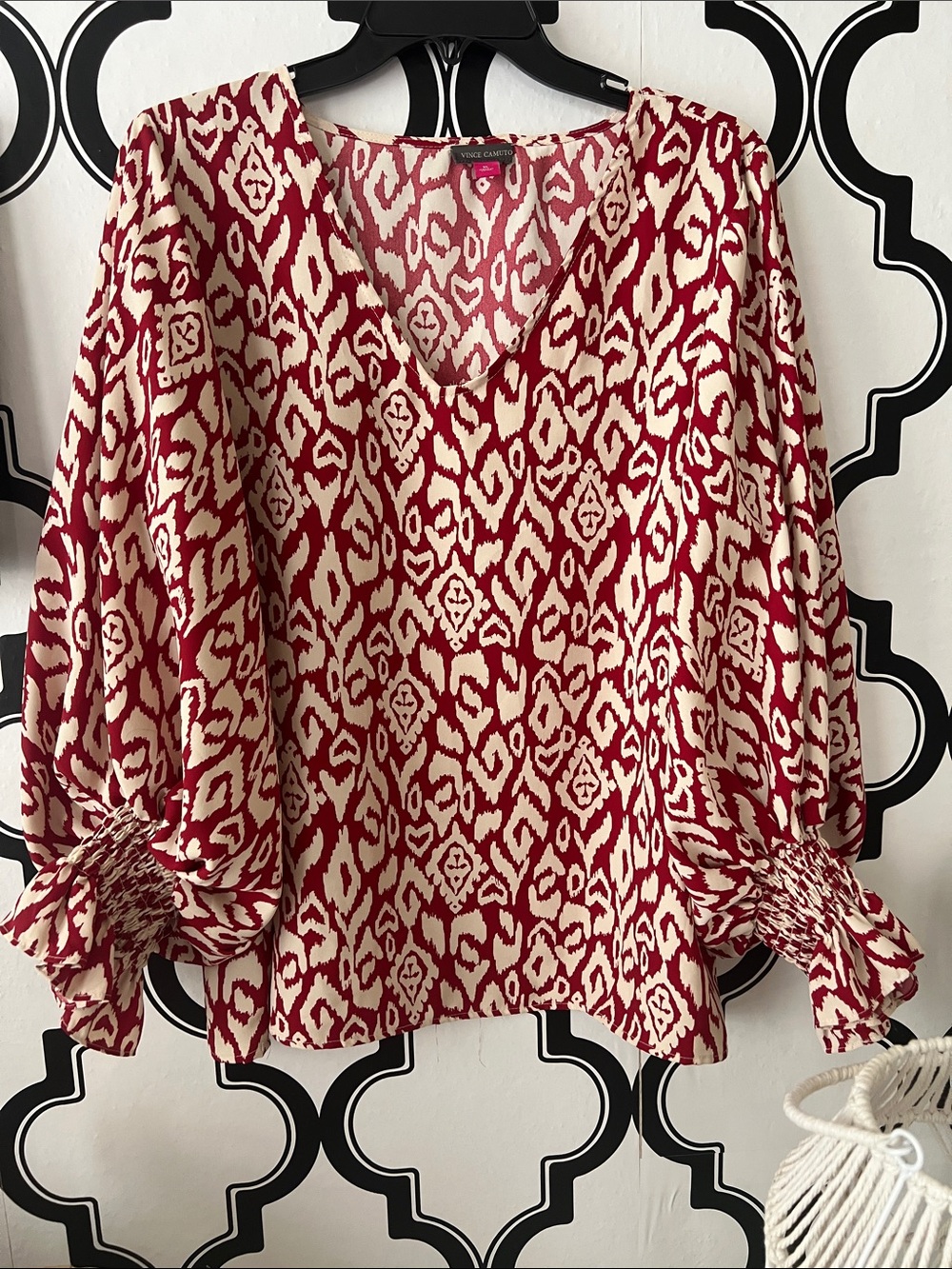 Vince Camuto Red and Ivory Geometric V-Neck Blouse